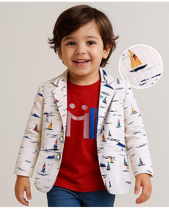 Babyhug Knit Full Sleeves Party Wear Blazer with Smile Text Print T-Shirt - Off white & Red