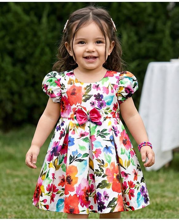 Babyhug Organza Woven Puffed Sleeves Party Dress With Floral Print & Bow Applique - White