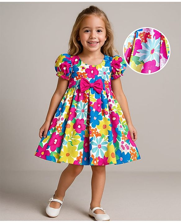 Babyhug Nylon Woven Half Sleeves Party Dress With Floral Print & Bow Applique - Multicolor