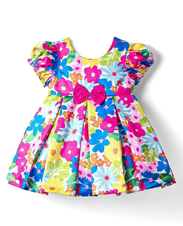 Babyhug Nylon Woven Half Sleeves Party Dress With Floral Print & Bow Applique - Multicolor