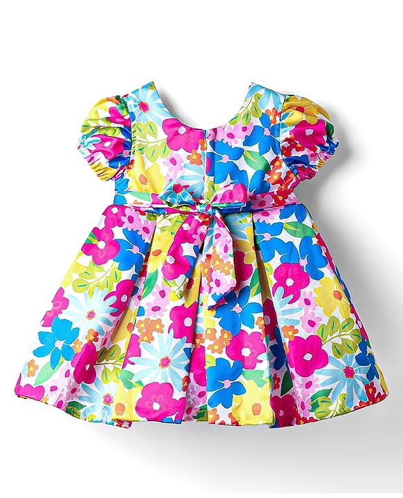 Babyhug Nylon Woven Half Sleeves Party Dress With Floral Print & Bow Applique - Multicolor