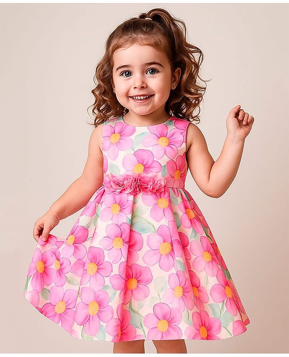 Babyhug Woven Sleeveless Party Dress With Floral Print & Applique - Pink