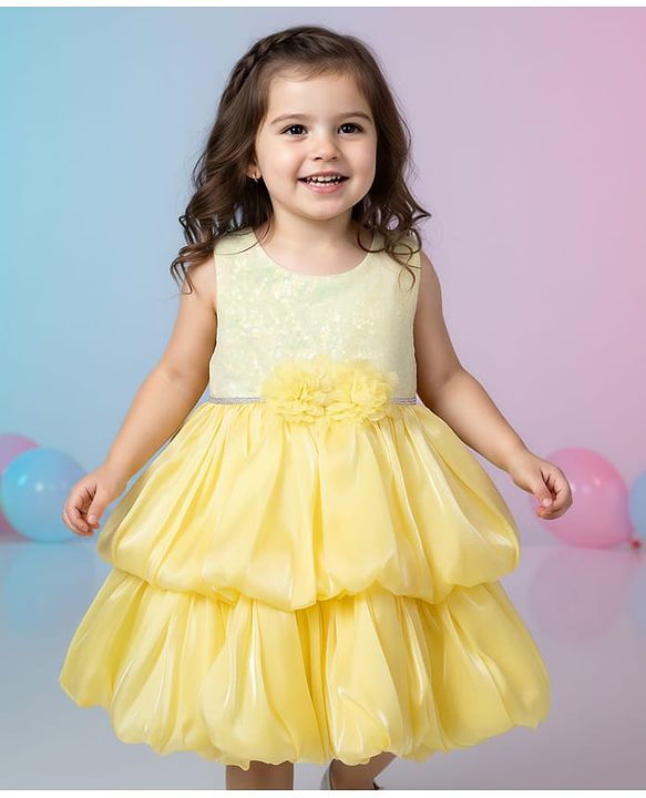 Babyhug Woven Sleeveless Balloon Party Dress With Sequin Detailing & Bow Applique - Yellow & White