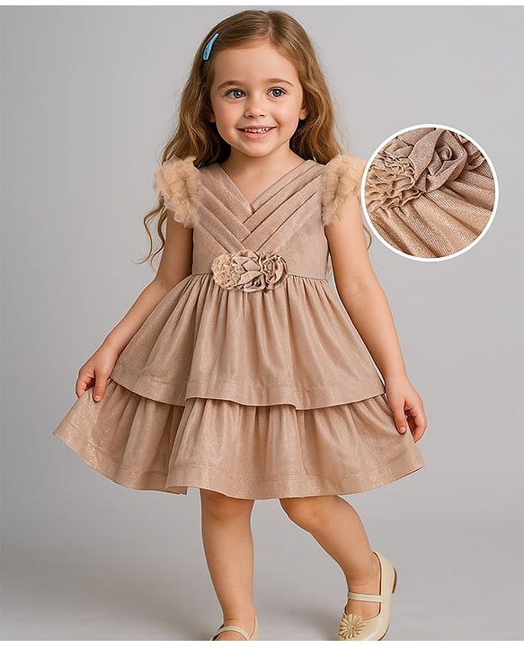Babyhug Woven Sleeveless Party Dress With Floral Applique & Ruffle Detailing - Metallic Gold