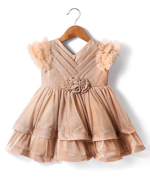 Babyhug Woven Sleeveless Party Dress With Floral Applique & Ruffle Detailing - Metallic Gold