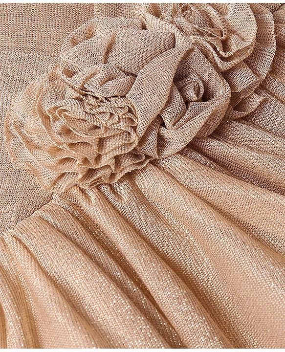 Babyhug Woven Sleeveless Party Dress With Floral Applique & Ruffle Detailing - Metallic Gold
