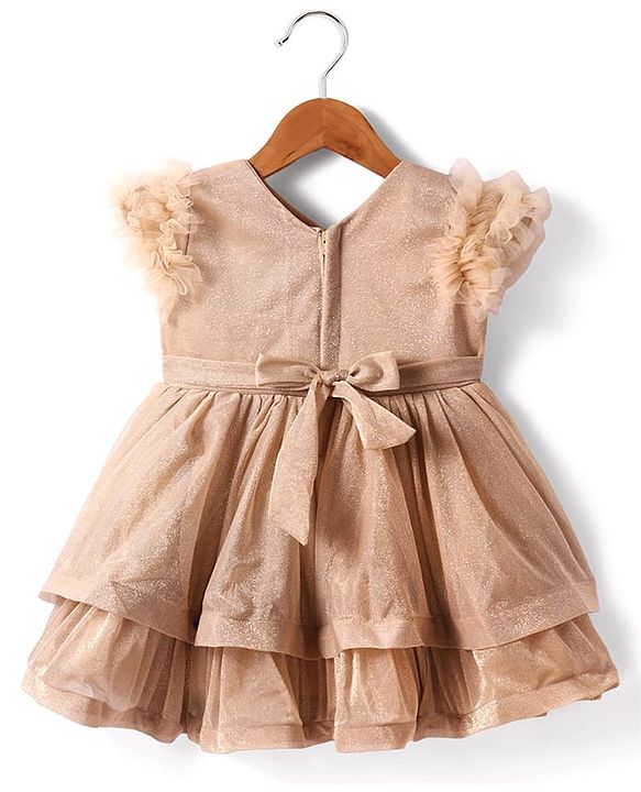 Babyhug Woven Sleeveless Party Dress With Floral Applique & Ruffle Detailing - Metallic Gold
