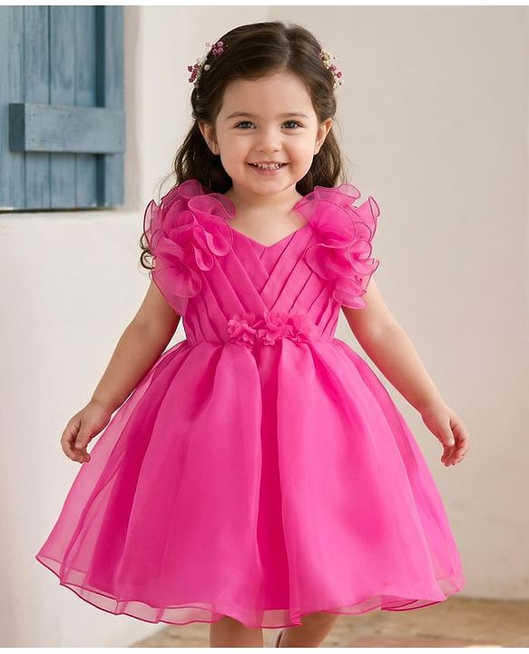 Babyhug Woven Frill Sleeves Solid Party Dress With Floral Corsage - Dark Pink