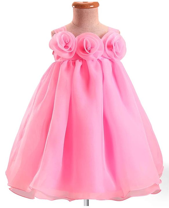 Babyhug Woven Sleeveless Party Dress With Floral Corsage - Pink