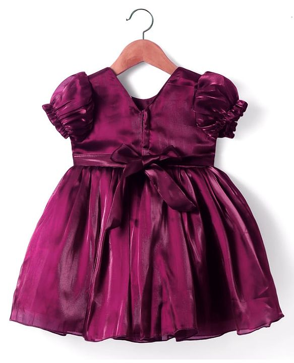 Babyhug Woven Half Puffed Sleeves Party Dress With Bow Applique - Wine