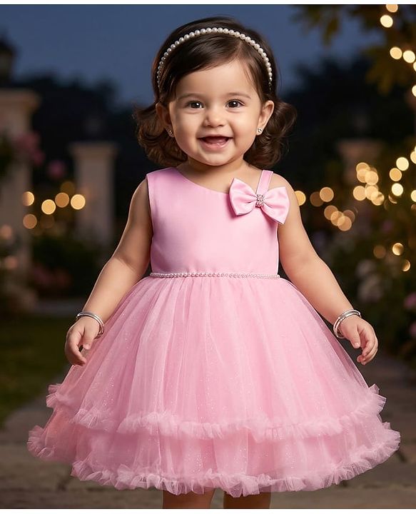 Babyhug Mesh Woven Sleeveless Tiered Party Dress with Bow Applique & Pearl Detailing - Pink