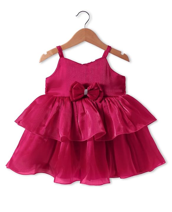 Babyhug Woven Sleeveless Party Dress With Bow Applique - Dark Pink