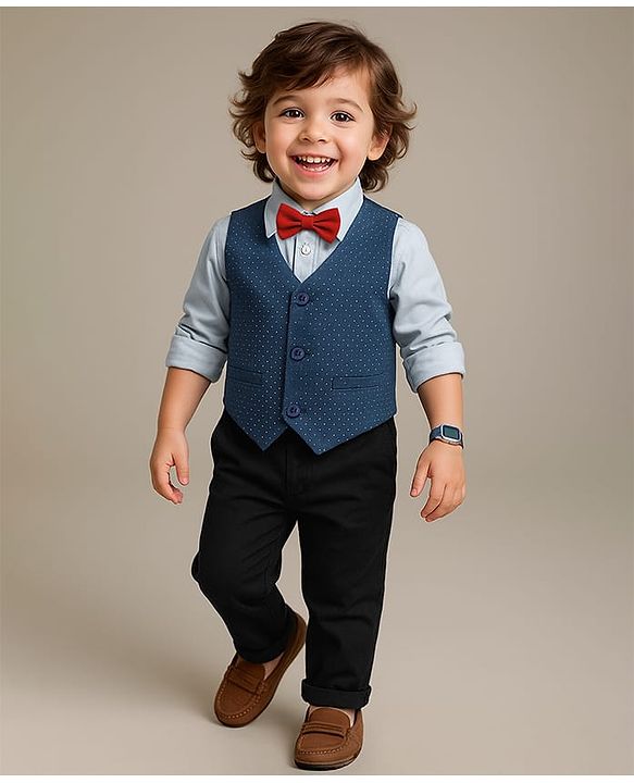 Babyhug Woven Full Sleeves Polka Dot Printed 3 Piece Party Suit With Bow - Blue & Black