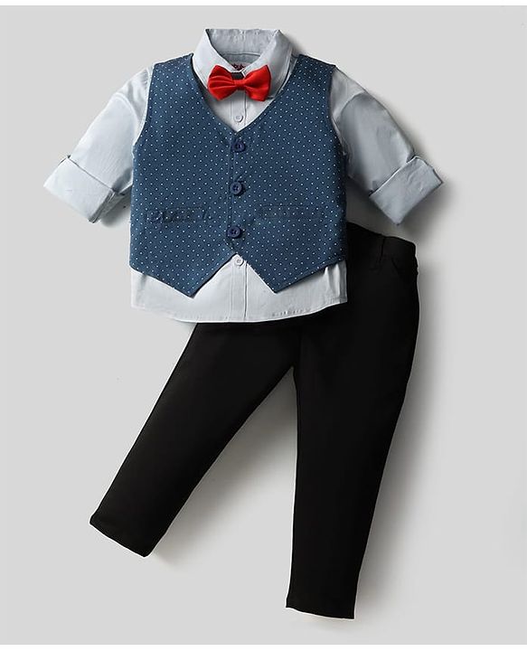 Babyhug Woven Full Sleeves Polka Dot Printed 3 Piece Party Suit With Bow - Blue & Black