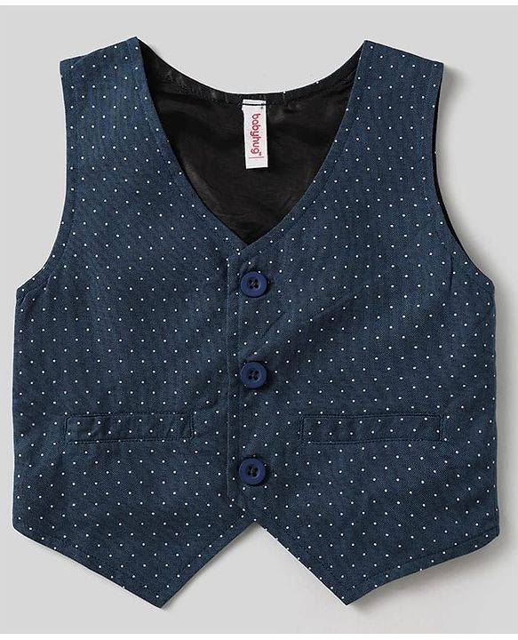 Babyhug Woven Full Sleeves Polka Dot Printed 3 Piece Party Suit With Bow - Blue & Black