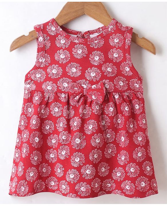 Babyhug Single Jersey Knit Sleeveless Frocks With Floral Applique - Pink