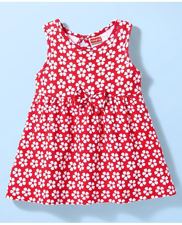 Babyhug Single Jersey Knit Sleeveless Frock with Floral Print & Bow Applique - Red