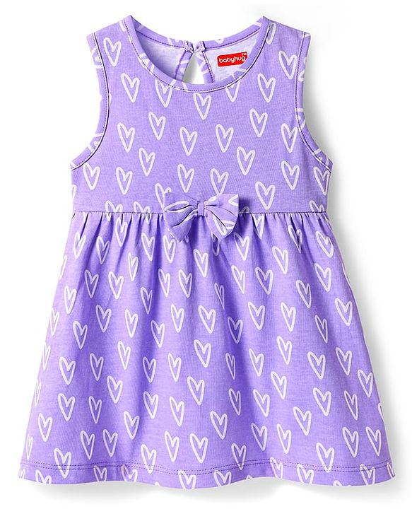 Babyhug Single Jersey Knit Sleeveless Frock With Heart Print & Bow Applique - Lilac