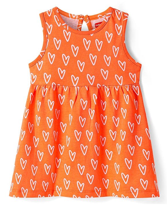 Babyhug Single Jersey Knit Sleeveless Frock With Heart Print - Orange