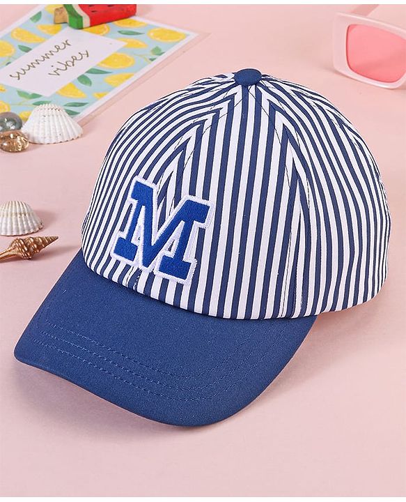 Babyhug Cotten Blend Baseball Cap With Striped Print Navy Blue - Diameter 17 cm