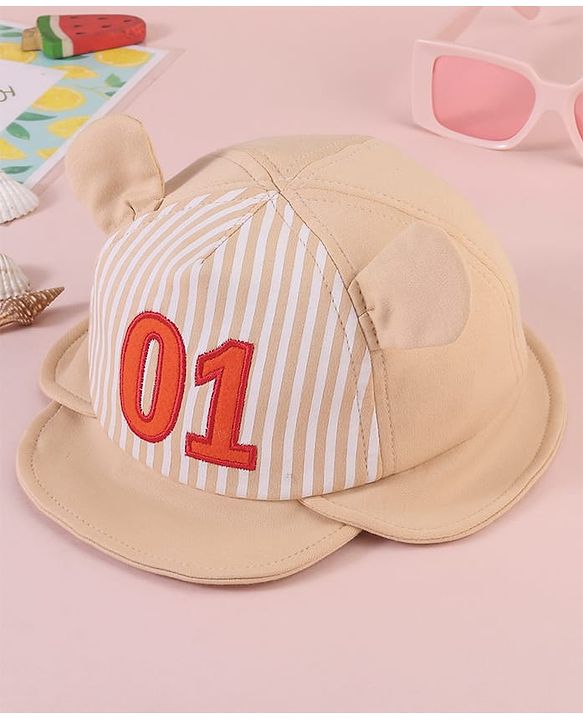 Babyhug  Baseball Cap with Ear Applique & Number Embroidery Beige - Diameter 16 cm