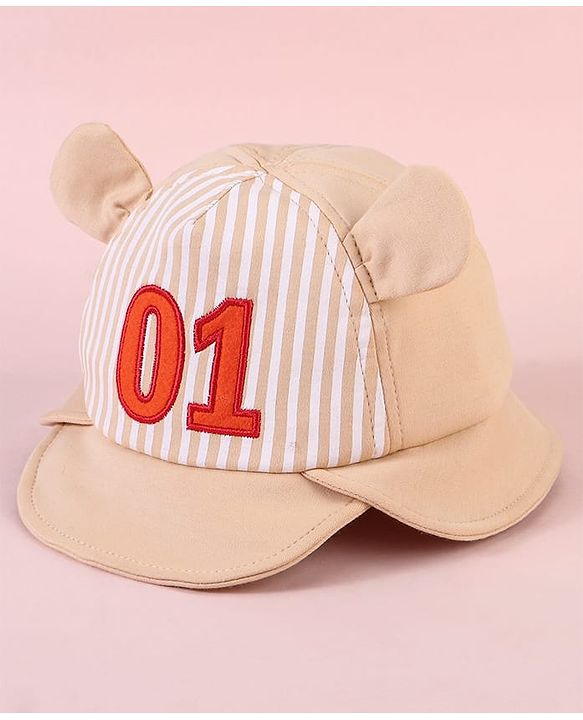 Babyhug  Baseball Cap with Ear Applique & Number Embroidery Beige - Diameter 16 cm