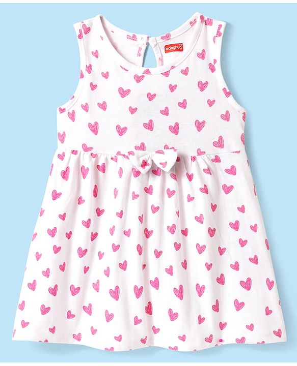 Babyhug Single Jersey Knit Sleeveless Frock with Heart Print & Bow Applique - White & Pink