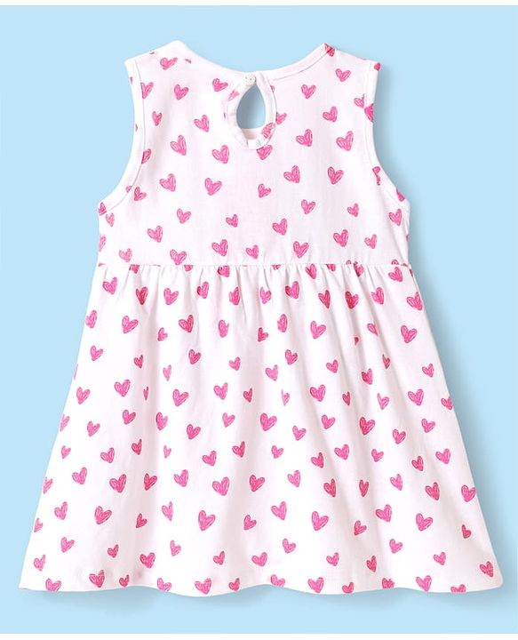 Babyhug Single Jersey Knit Sleeveless Frock with Heart Print & Bow Applique - White & Pink