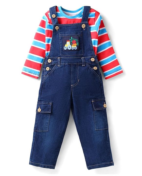 Babyhug Single Jersey Knit Full Sleeves Striped T-Shirt & Dungaree with Vehicle Print - Red & Blue