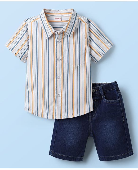 Babyhug Cotton Woven Half Sleeves Striped Shirt & Denim Shorts Set - Multicolor