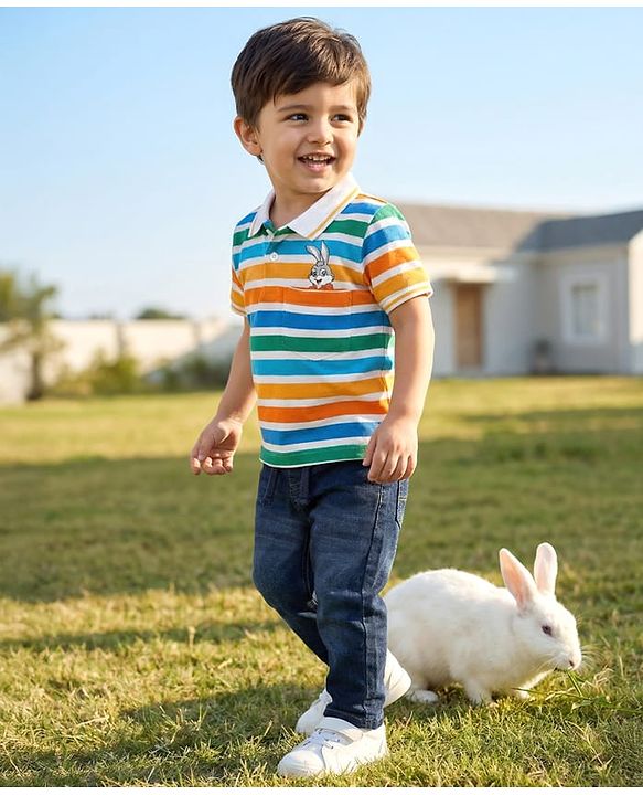 Babyhug Single Jersey Knit Half Sleeves Polo T-Shirt & Jeans with Stripes & Bunny Print - Blue & White
