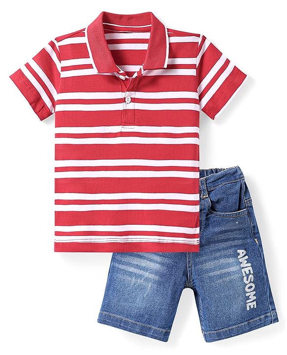 Babyhug Single Jersey Knit Half Sleeves Striped Polo T-Shirt and Denim Shorts Set - Dark Red & Blue