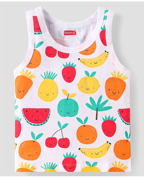 Babyhug 100% Cotton Knit Sleeveless Sandos With Stripes & Fruits Print Pack of 3 - Red Yellow & White