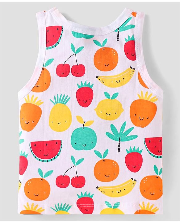 Babyhug 100% Cotton Knit Sleeveless Sandos With Stripes & Fruits Print Pack of 3 - Red Yellow & White