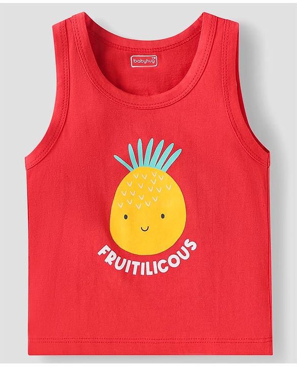 Babyhug 100% Cotton Knit Sleeveless Sandos With Stripes & Fruits Print Pack of 3 - Red Yellow & White