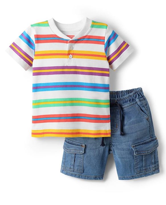 Babyhug Single Jersey Knit Half sleeves Henley Neck T-Shirt & Shorts Set with Stripes - Blue & White