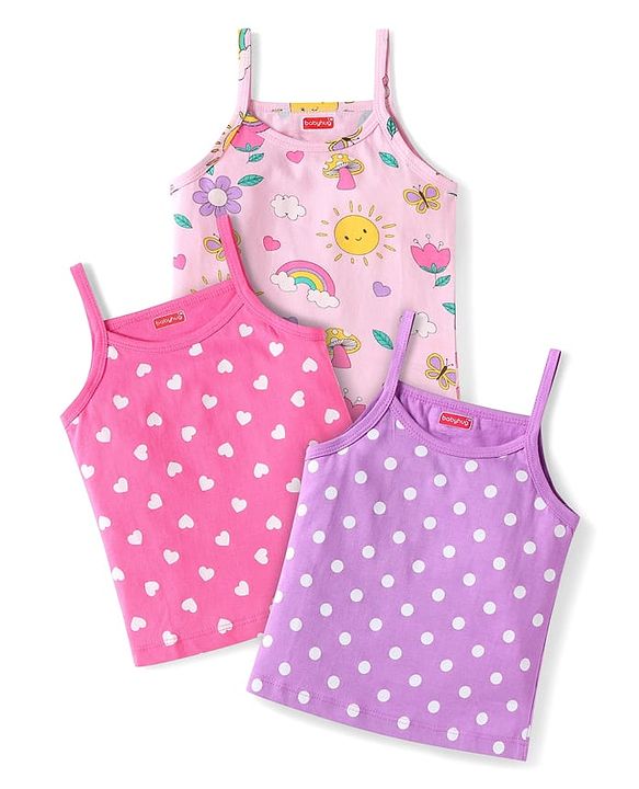 Babyhug 100% Cotton Knit Sleeveless Slips with Polka Dots Tropical Theme & Hearts Print Pack of 3 - Light Pink Lilac & Pink