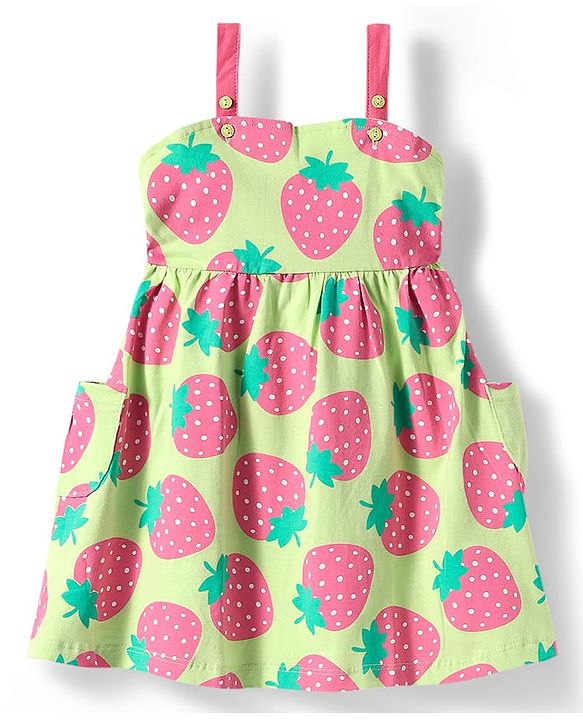 Babyhug Cotton Knit Sleeveless Frock With Strawberry Print - Yellow