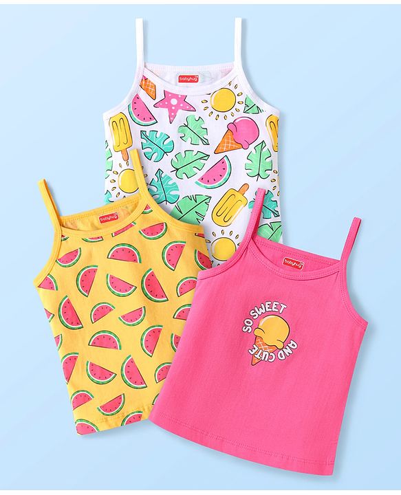 Babyhug 100% Cotton Knit Sleeveless Slips with Watermelon & Ice Cream Print Pack of 3 - Yellow White & Pink