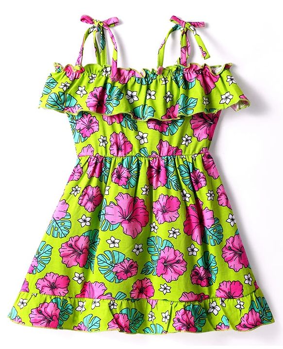 Babyhug Cotton Knit Singlet Sleeves Frock with Floral Print - Light Green