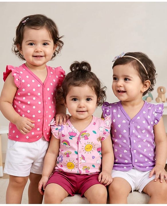 Babyhug 100% Cotton Interlock Knit Front Open Half Sleeves Vests With Polka Dots & Heart Print Pack Of 3 - Pink & Purple