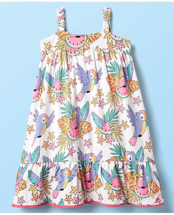 Babyhug Cotton Knit Sleeveless Frock with Jungle Theme Print - White