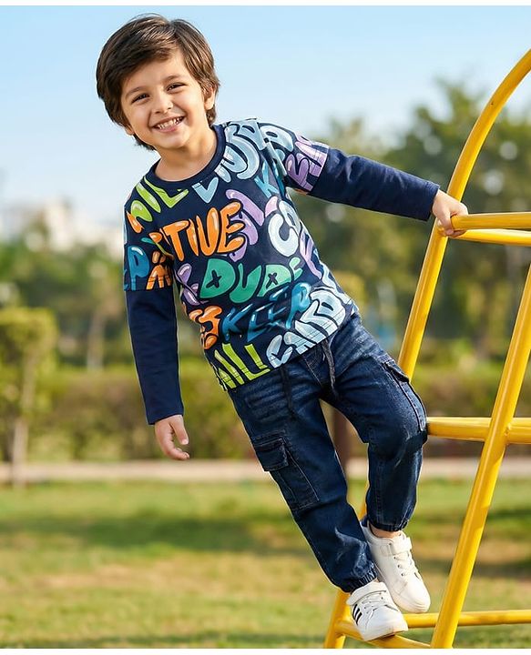 Babyhug Single Jersey Knit Full Doctor Sleeves T-Shirt & Denim Jeans Set With Text Print - Navy Blue