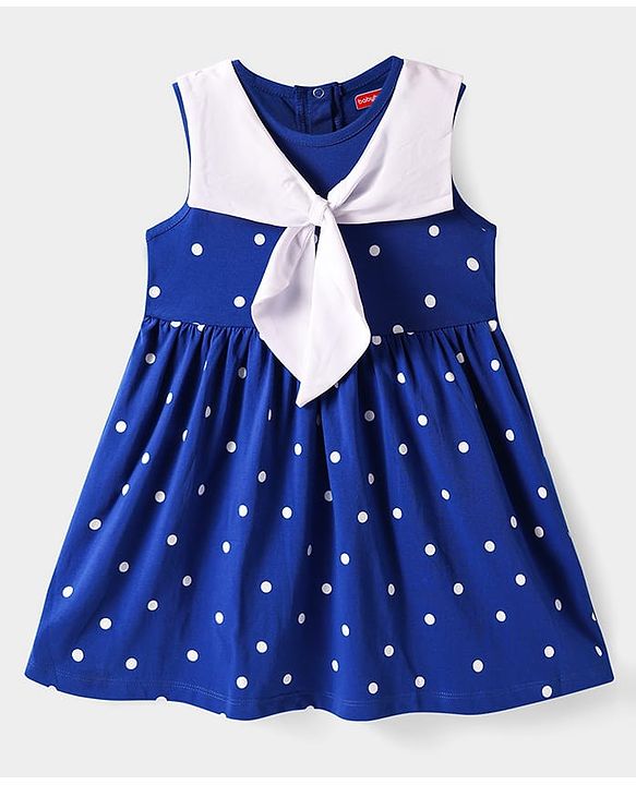 Babyhug Cotton Knit Sleeveless Sailor Collar Dress With Polka Dot Print - Blue
