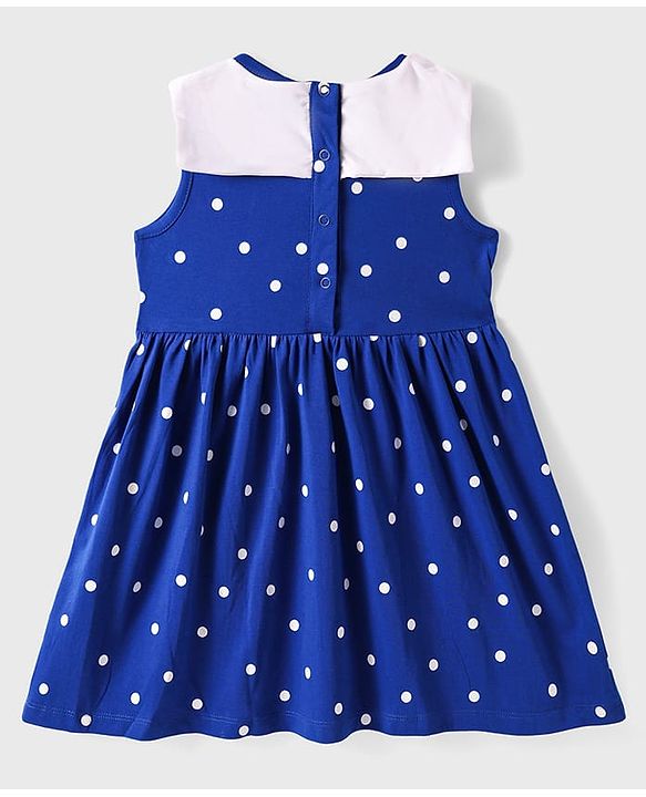 Babyhug Cotton Knit Sleeveless Sailor Collar Dress With Polka Dot Print - Blue