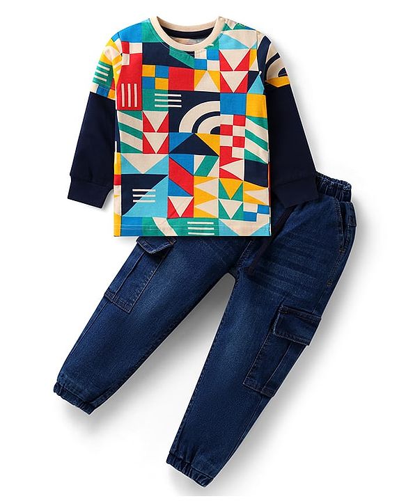 Babyhug Single Jersey Knit Full Sleeves T-Shirt & Joggers Set with Geometric Shapes Print - Blue
