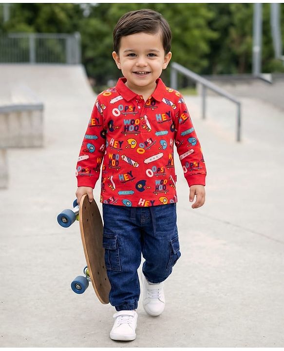 Babyhug Single Jersey Knit Full Sleeves Polo T-Shirt & Joggers Set with Skating Print - Red & Blue