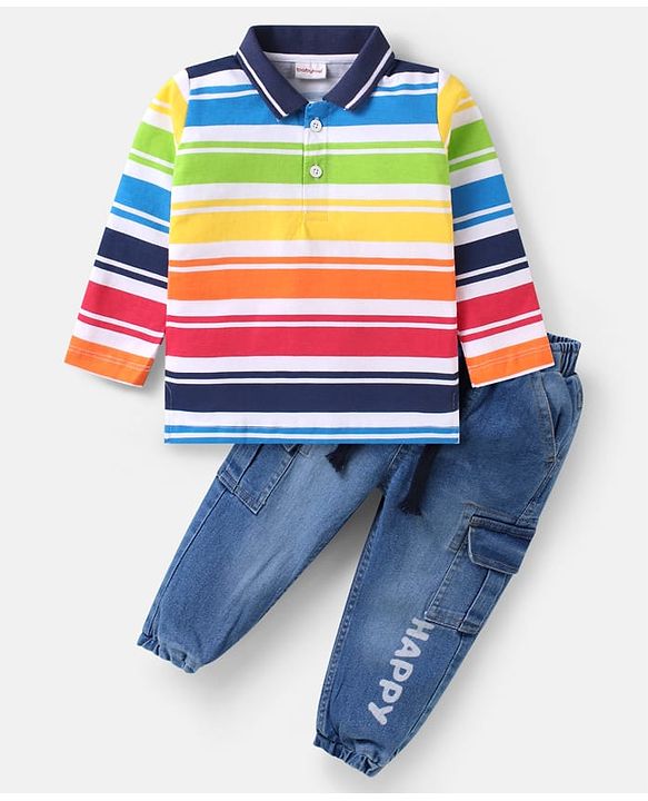 Babyhug Single Jersey Knit Full Sleeves Striped Polo T-Shirt & Denim Jeans Set With Happy Print - Red & Blue