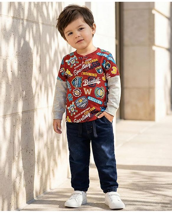 Babyhug Single Jersey Knit Full Doctor Sleeves Printed T-Shirt & Denim Jeans Set - Red & Blue