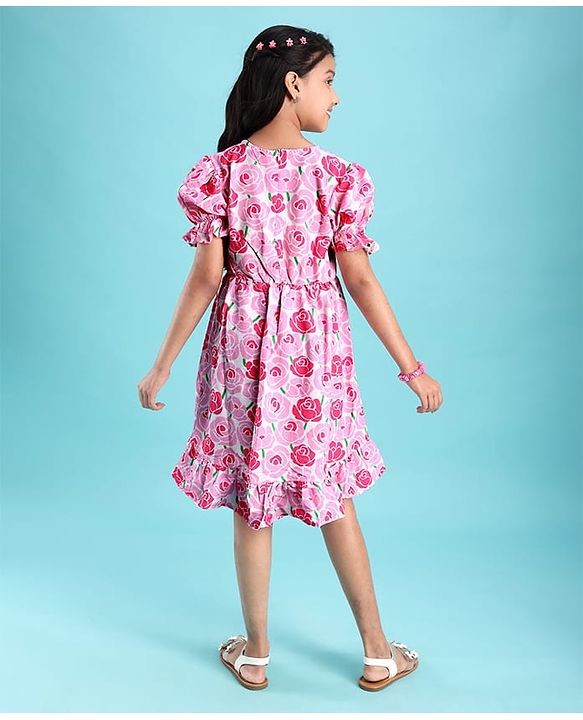 Pine Kids Woven Half Puffed Sleeves Frock with Floral Print - Pink